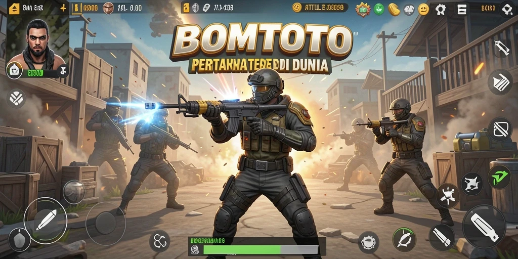 Tangkapan layar utama menunjukkan aksi seru dalam game Battle Royale.