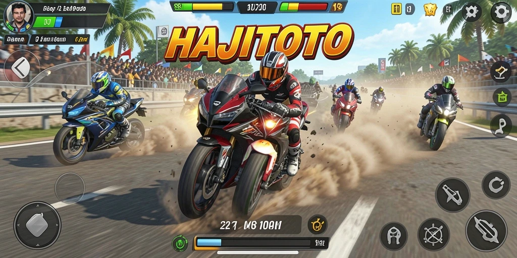 Screenshot utama HAJITOTO menampilkan aksi balap motor yang mendebarkan.