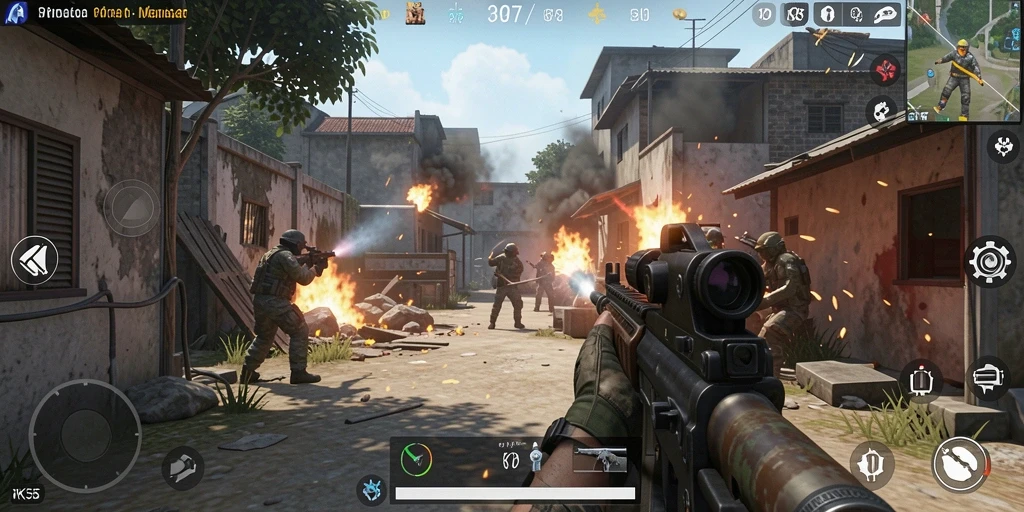 Screenshot utama RK55 menunjukkan aksi intens dalam pertempuran FPS.
